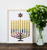 Jewish Fused Applique - Multi Color Menorah w/ Gold Candles  #9